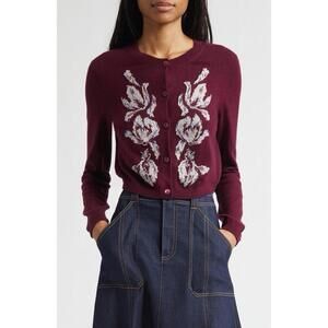 New Cinq à Sept Isolde Tulip Jacquard Cardigan In Deep Plum Sz XS $345